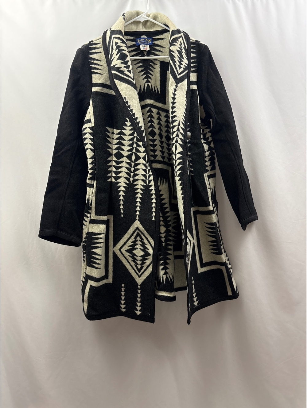 Justin Kraff Womens Sz M Wool Native American Aztec Shawl Cardigan Black White